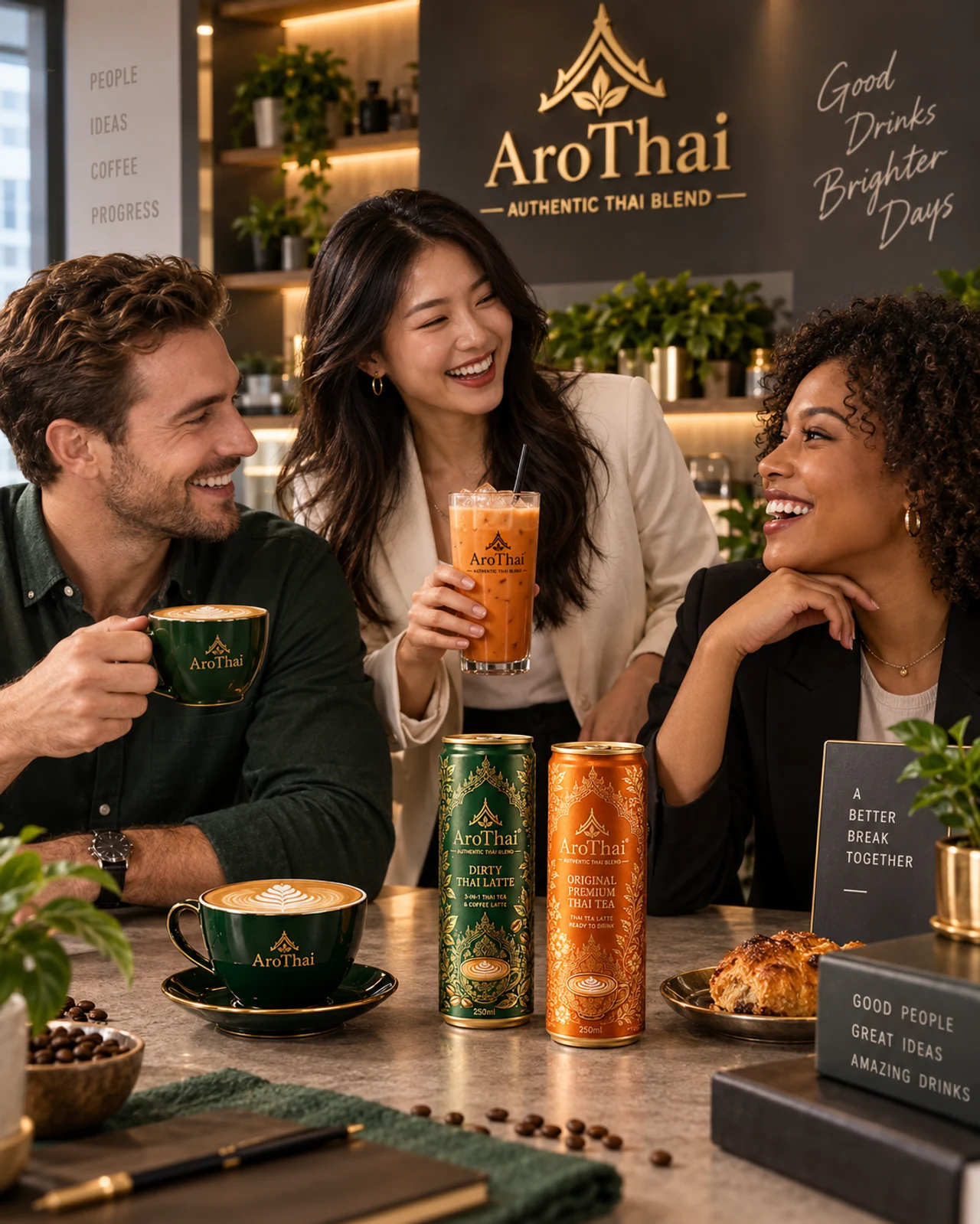 Three people sharing AROTHAI drinks around a table