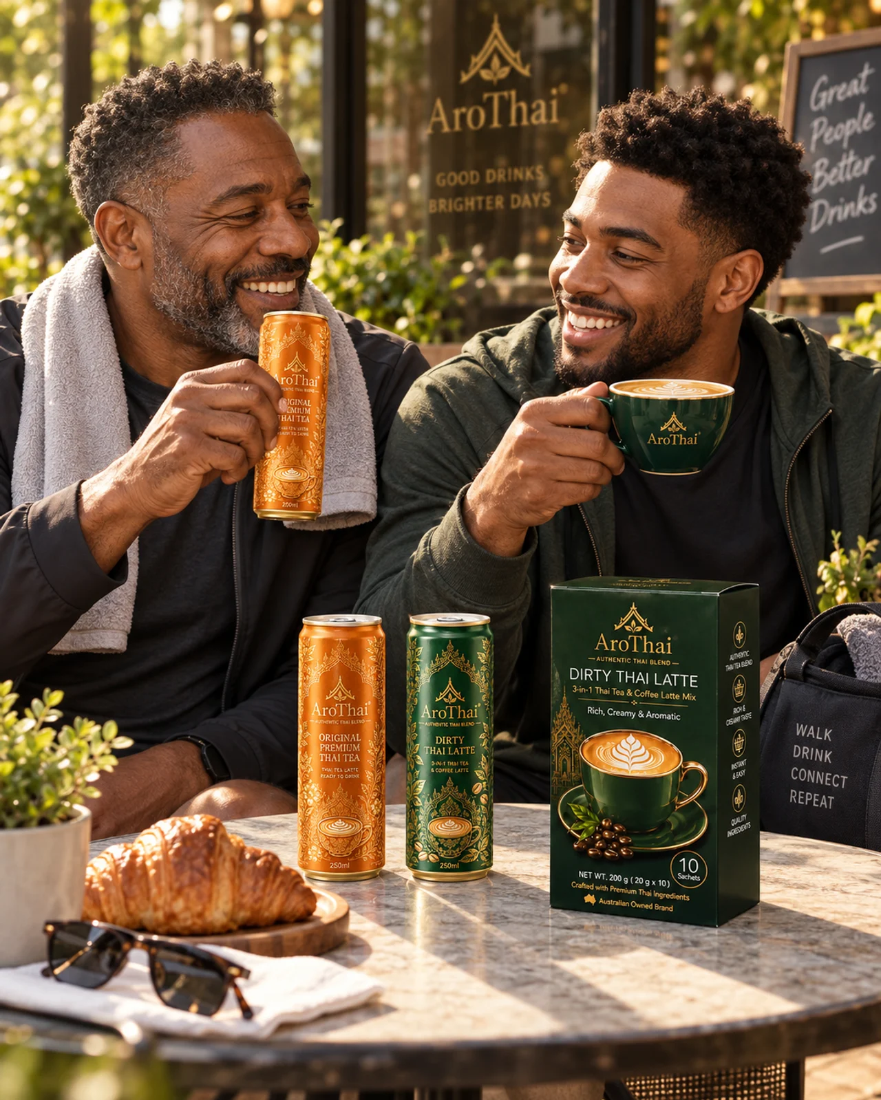 Two people enjoying AROTHAI drinks outdoors beside a sachet box and cans