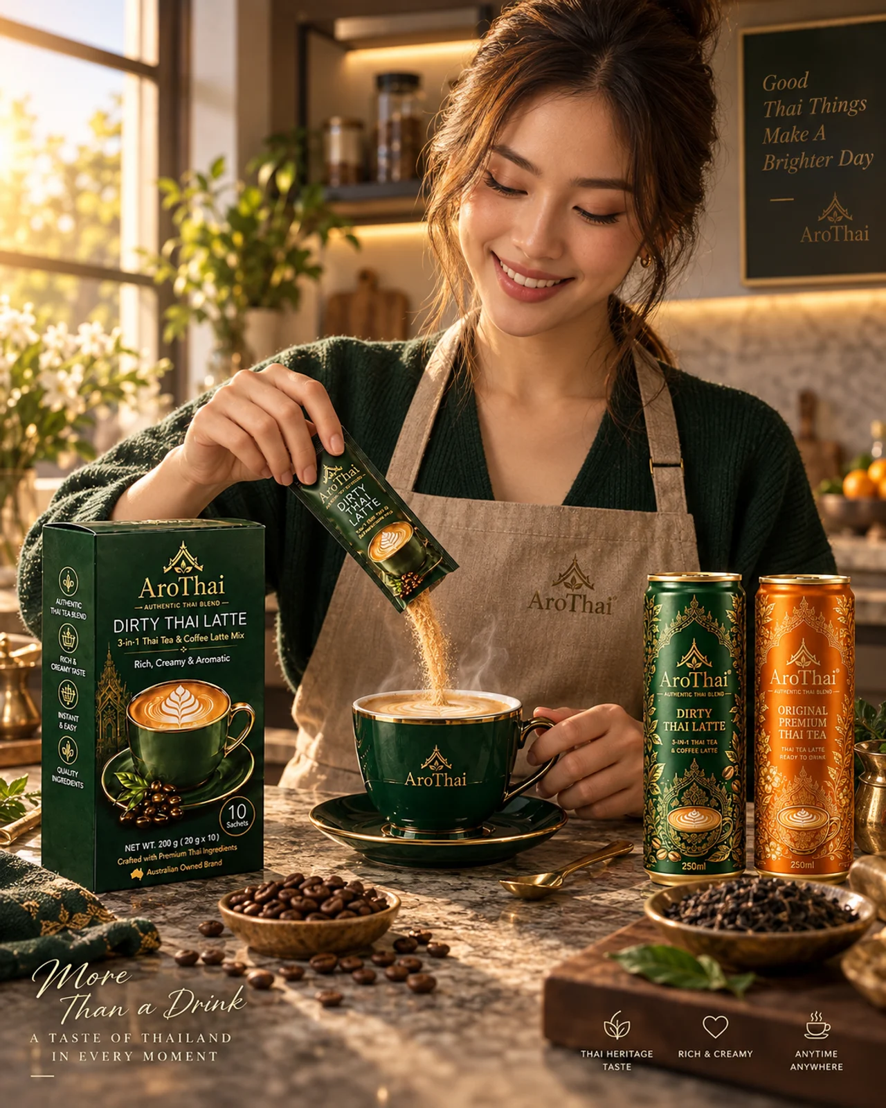 Preparing an AROTHAI drink beside a sachet box and cans