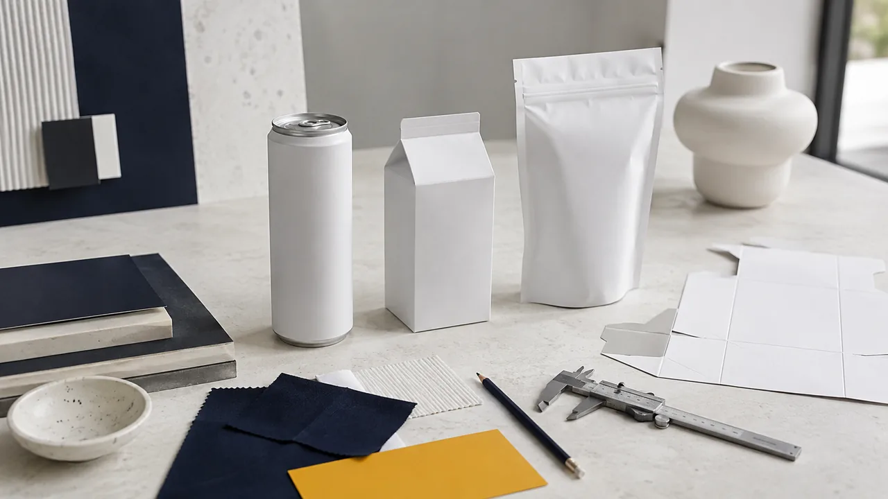 Blank can, carton and pouch prototypes with material swatches and packaging tools