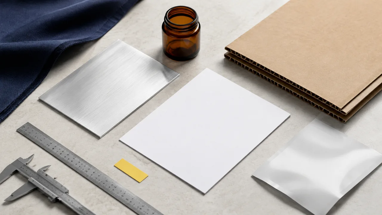 Aluminium, glass, board and flexible packaging materials arranged with measuring tools