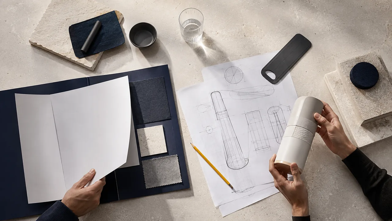 Two people reviewing a product prototype, material samples and a technical sketch