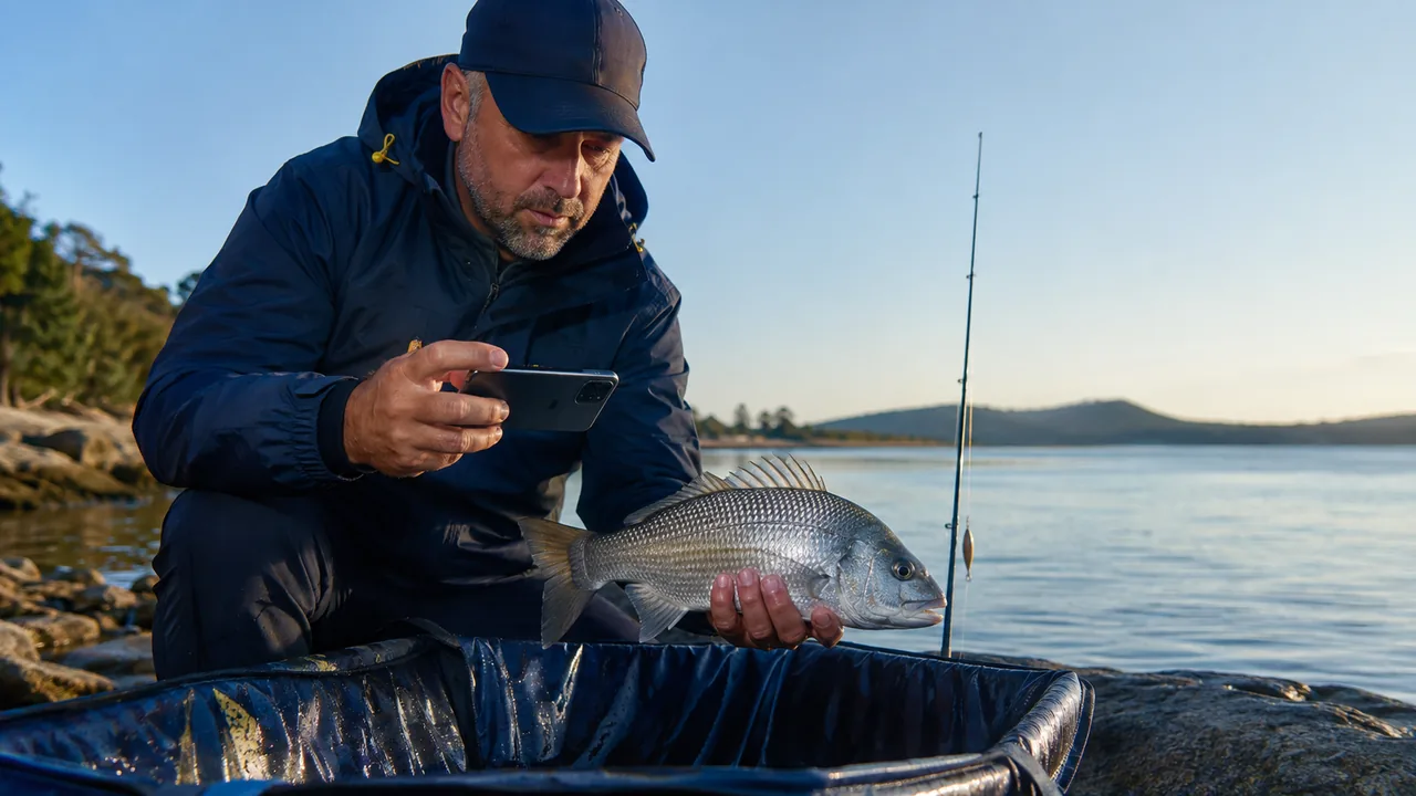 An angler carefully supports a silver fish while recording the catch with a smartphone beside coastal water