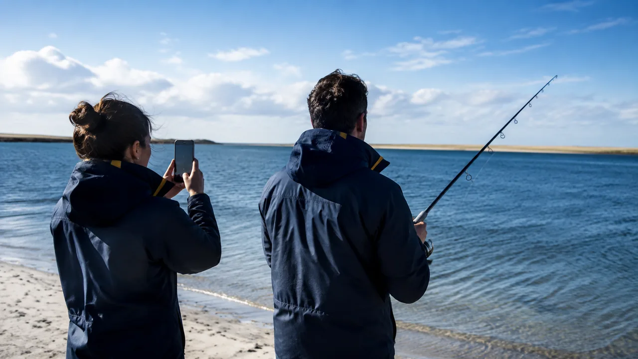 Two anglers beside coastal water, one recording the moment on a phone