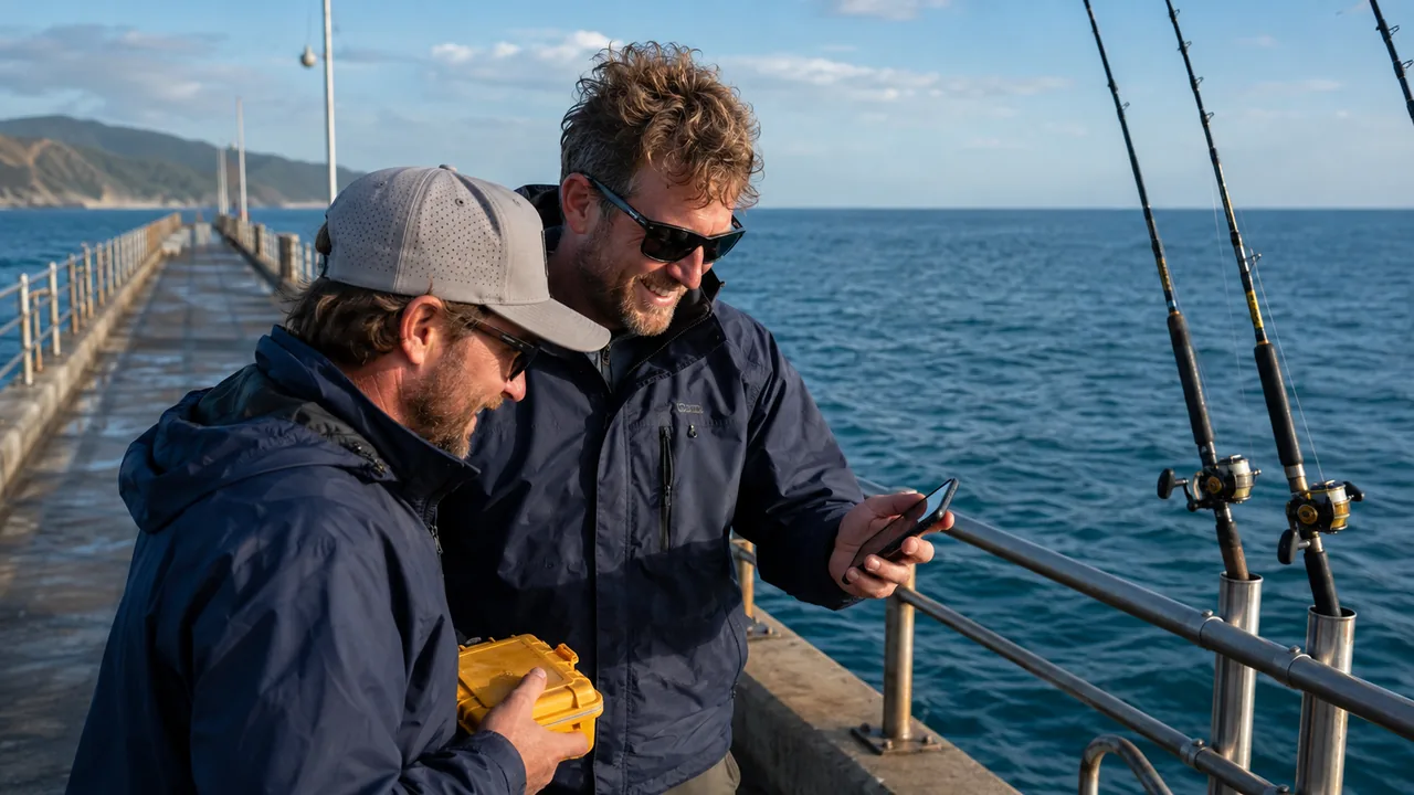 Two anglers review a phone beside fishing rods on a pier