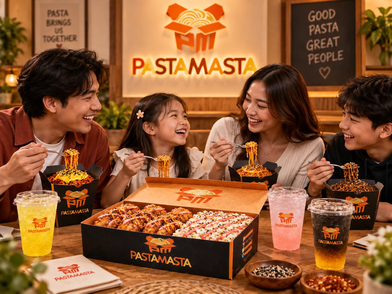 A family sharing PASTAMASTA pasta, sides and drinks around a table
