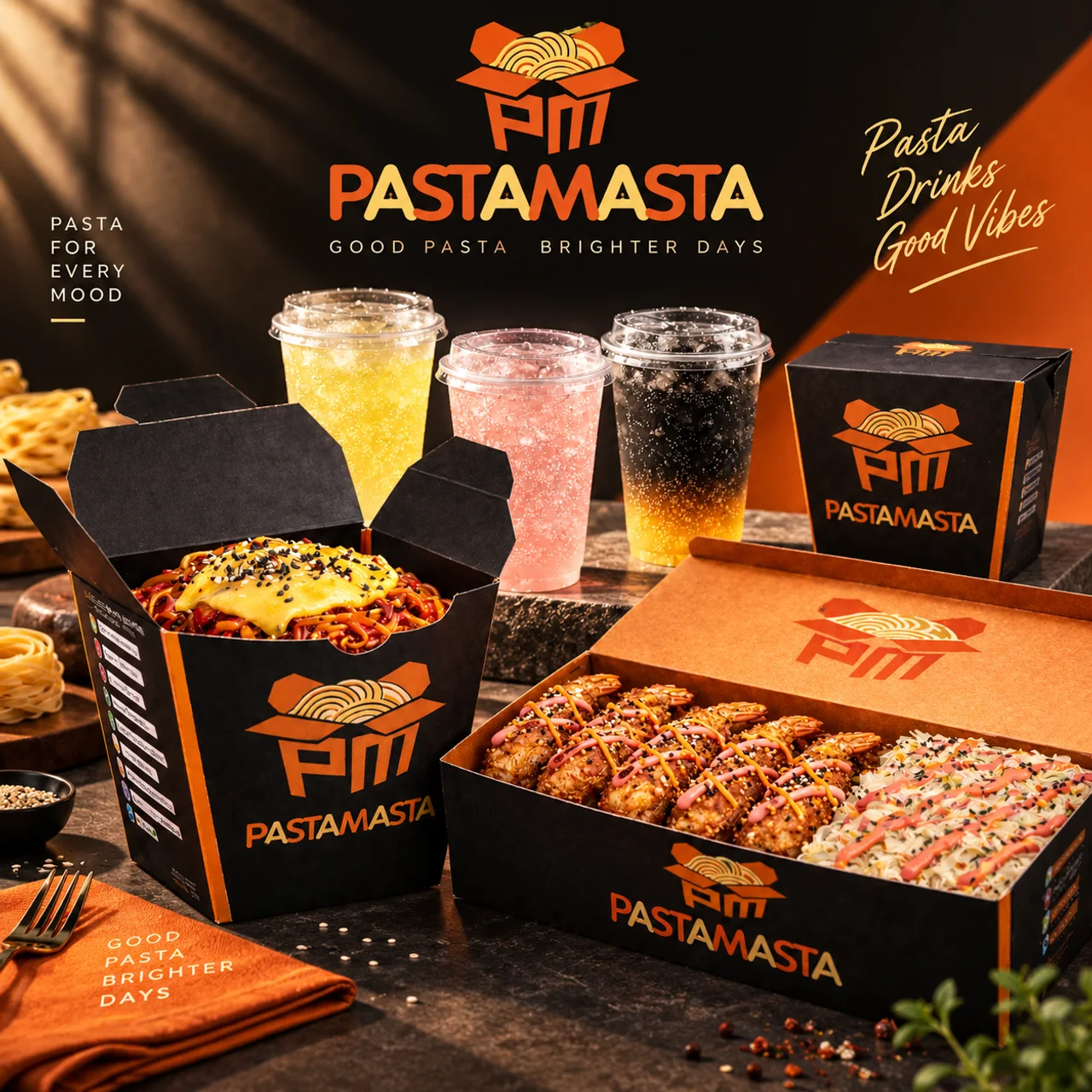 Black PASTAMASTA cartons, a sharing box and three colourful drinks