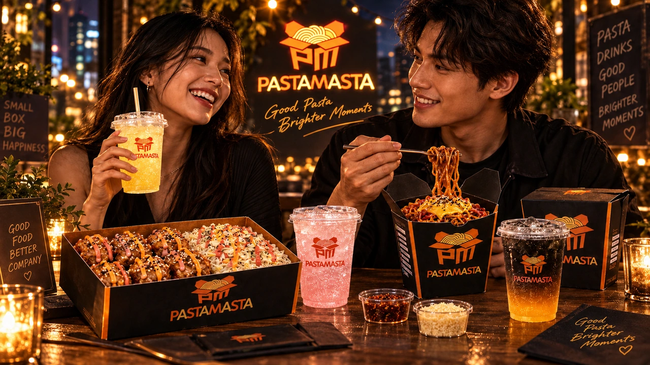 Two people sharing pasta, sides and colourful drinks at an evening table