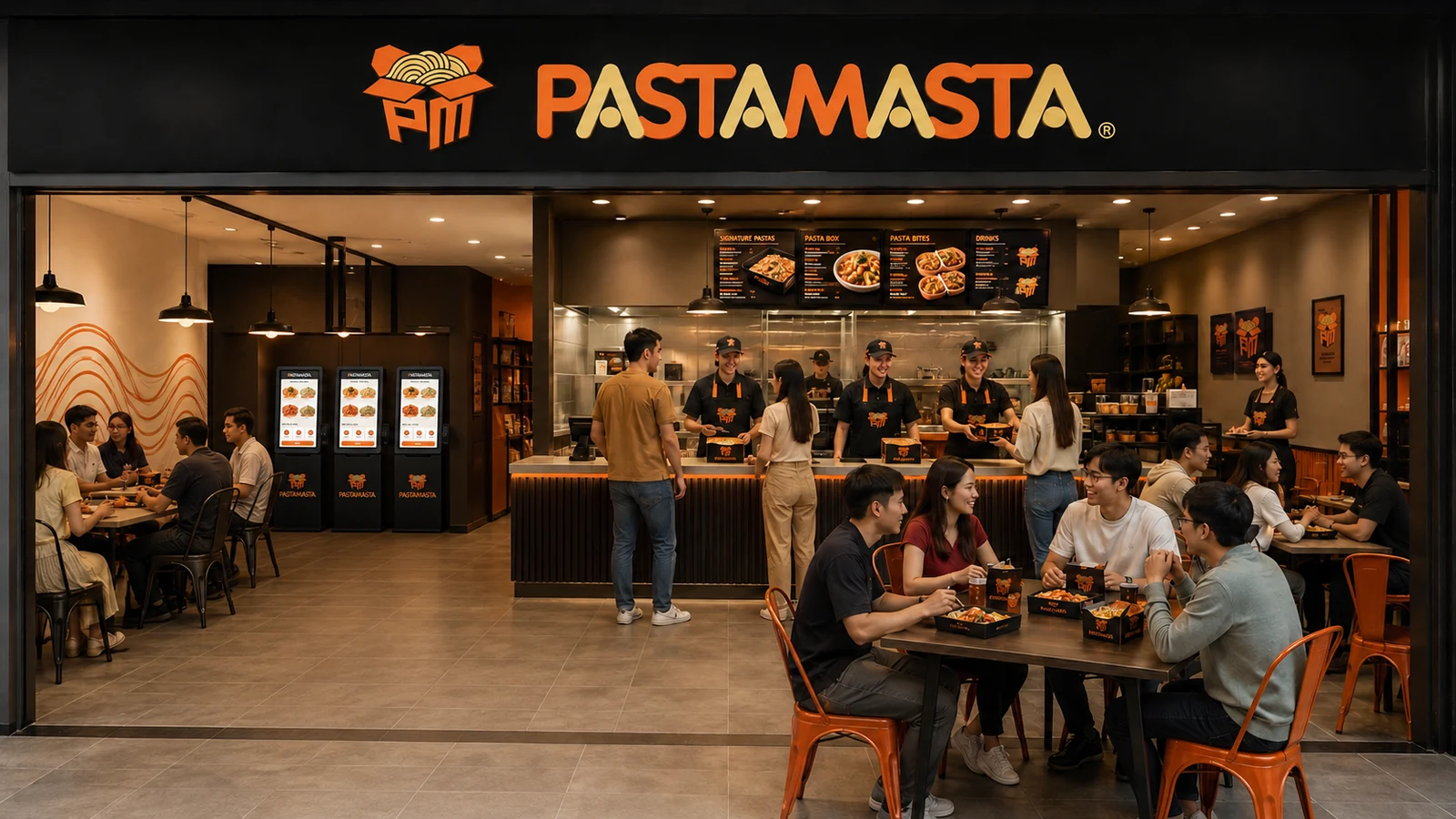 Three ordering kiosks beside a PASTAMASTA counter, with a clear aisle, diners and uniformed staff