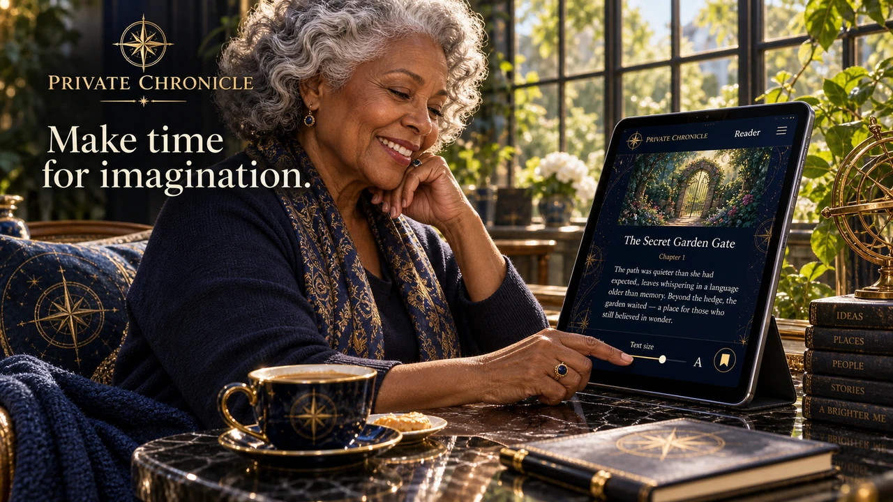 An older reader adjusting the text size on a digital book