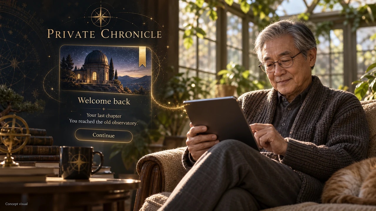 An older reader returning to an observatory story on a tablet with a glowing panel
