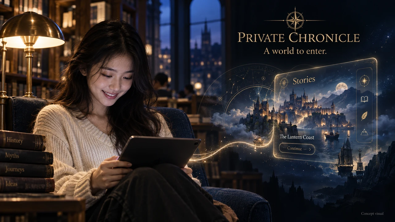 An adult reader exploring a fictional world on a tablet